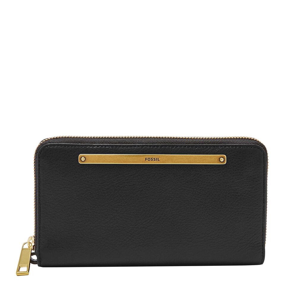 5945 Liza Leather Wallet Zip Around Clutch with Wristlet Strap, Black